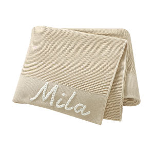 Mimixiong Hot Sale OEKO-TEX Groothandel Katoen Gepersonaliseerde <span class=keywords><strong>Baby</strong></span> Naam Brede Rand Babyshower Cadeau Pasgeboren <span class=keywords><strong>Baby</strong></span> Gebreid Dekentje - Product Image 4