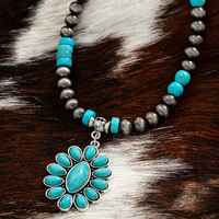 Kalung Wanita Gaya Koboi Barat Rantai Bambu Bunga Turquoise Sintetis Tembaga Gaya Etnik Vintage Populer