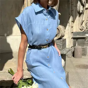 OEM Casual Pencil Short Sleeve Maxi Long Turn Down Collar Button Belt Empire Summer Solid Women Linen Cotton Shirt Lounge Dress
