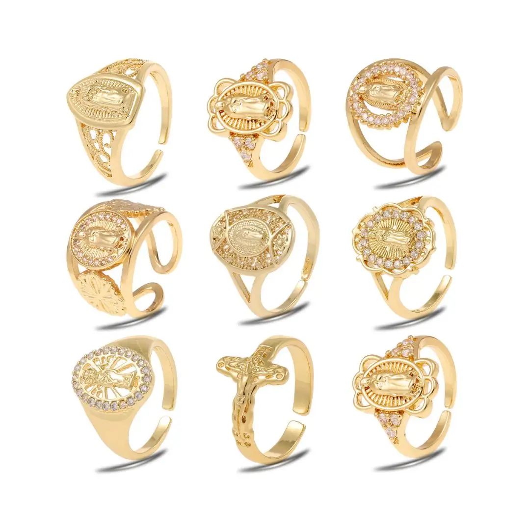 Cincin agama kuningan 18k diisi emas Mary cincin berlapis emas cincin dapat diatur tembaga zirkon Maria cincin dengan berlian