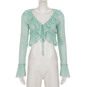 Nouveau cardigan asymétrique à volants semi-transparent avec nœud sur le devant et manches longues pour femme - Style urbain français - Product Image 6