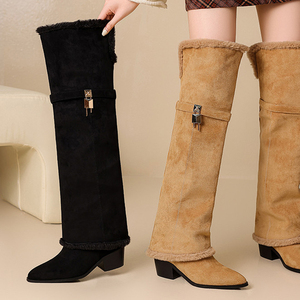 Bottes hautes pour femme en daim et fourrure, avec fermeture à boucle métallique, taille 46, talons épais, style pantalon long pliable - Product Image 4