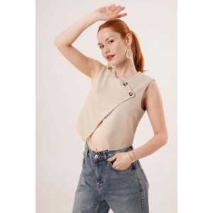 เสื้อกั๊กผู้หญิงแบบมีกระดุมสองแถว สีเบจ ขายส่ง สไตล์ลำลอง ปักโลโก้ กันลม ผ้าทอขนสัตว์ผสมผ้าแคนวาส - Product Image 4