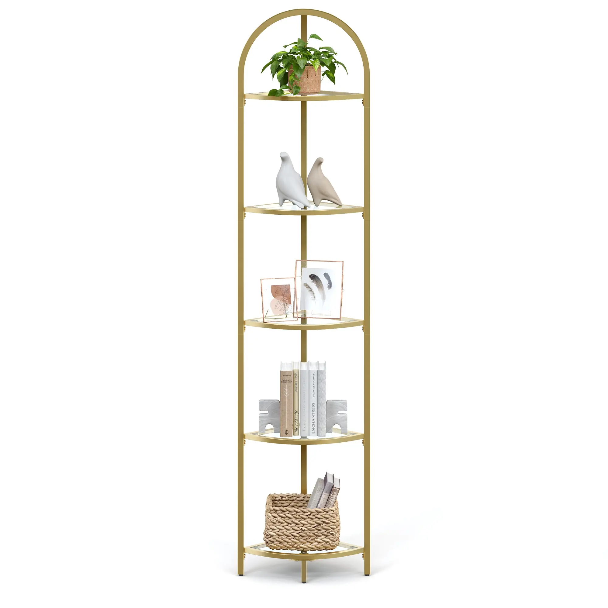 VASAGLE 5 Stufe Gold Pflanzenständer Badezimmer freistehende Glasregal Türme hohe Aufbewahrungsregale für Wohnzimmer