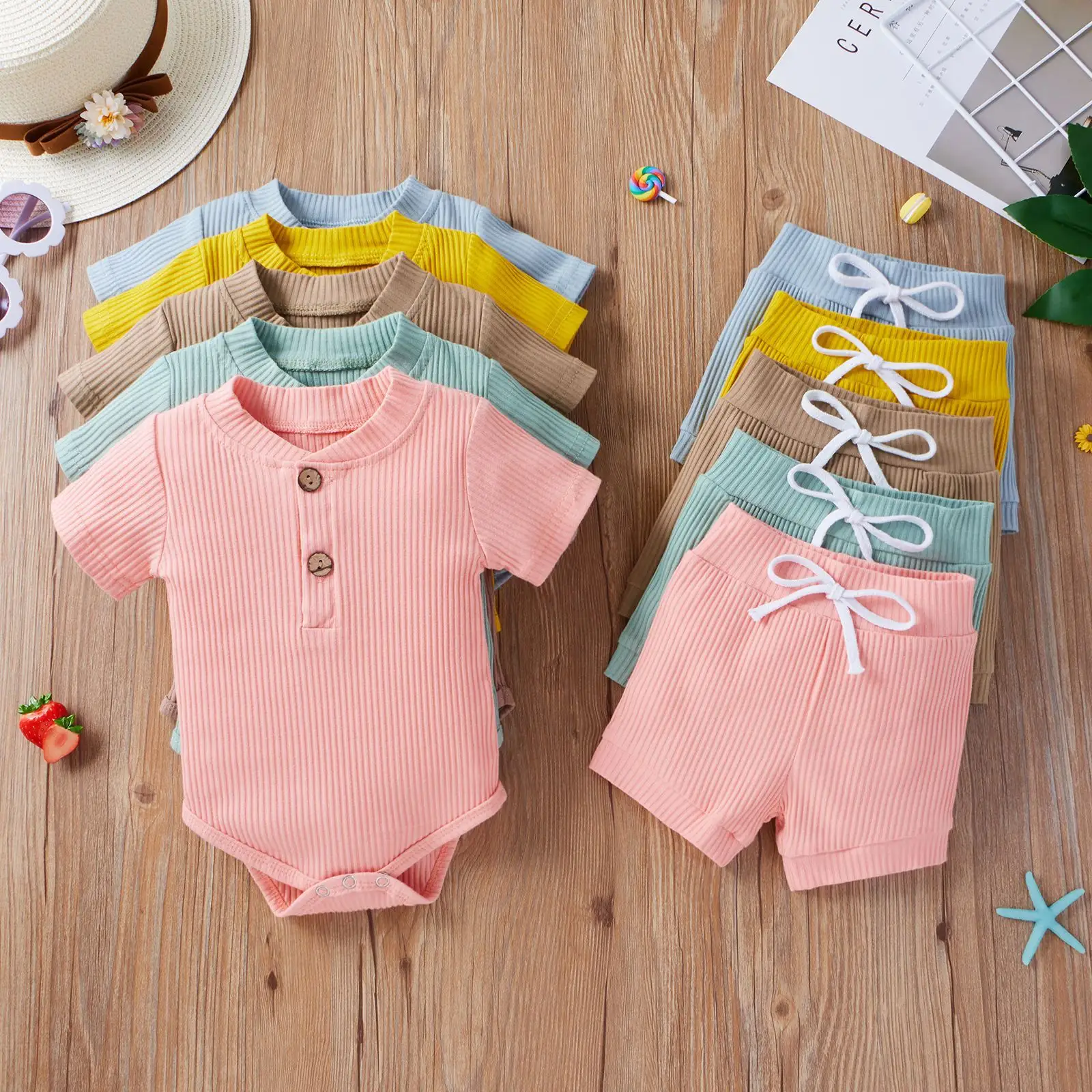 Spring And Summer Men And Women Baby Leisure Home Infant Clothes Suit Snap Button Short Sleeve Shorts Set
