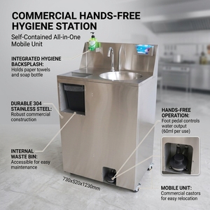 Station de lavage des mains portable en acier inoxydable, lavabo mobile autoportant pour hôtel, toilettes publiques, restauration - Product Image 2