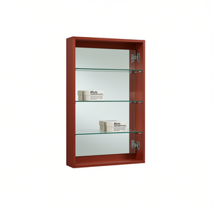 Vitrine suspendue avec porte à charnières verrouillable et 3 étagères en verre trempé, dos miroir, hauteur 85 cm, finition bois cerisier - Product Image 2