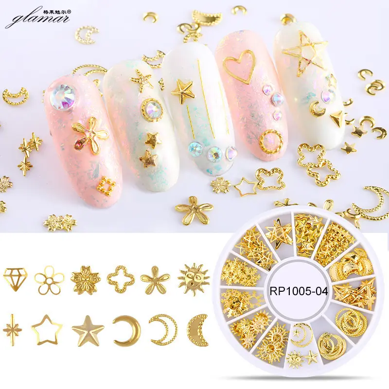 New Style Mixed Metal Small Stud Japanese Nail Art 3d Star and Moon Designs Fashion Nose Nail Studs