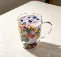 Mug en verre borosilicate à double paroi fait main, motif floral, résistant à la chaleur, isolé, compatible lave-vaisselle, pour café, thé, jus, cadeau