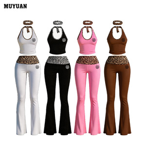 <span class=keywords><strong>Ensemble</strong></span> Lounge <span class=keywords><strong>Chic</strong></span> et Luxueux pour <span class=keywords><strong>Femme</strong></span> Y2K à Imprimé Léopard, 2 Pièces, avec Crop Top Halter et <span class=keywords><strong>Pantalon</strong></span> Évasé à Taille Rabattable pour le Streetwear - Product Image 1