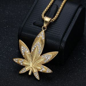 Collier avec pendentif feuille d'érable en acier inoxydable avec strass, bijoux Hip Hop unisexe, cadeau pour hommes et femmes - Product Image 2