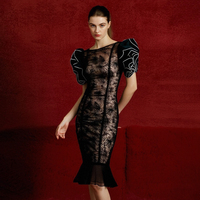 ZYHT 10772 vente chaude été dentelle fête femmes robes Sequin manches bouffantes noir élégant robe de soirée de luxe