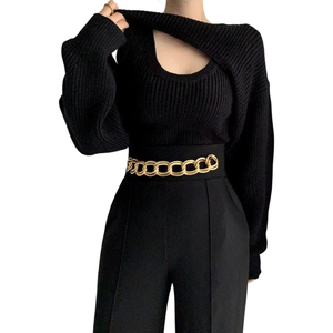 Maglione da <span class=keywords><strong>donna</strong></span> lavorato a maglia, stile coreano personalizzato, sexy, scollato, girocollo, casual da strada, traforato, a righe, con collo all'americana, spesso - Product Image 4