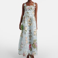 Robe longue en dentelle bleu pâle à motif floral, avec garniture de feuilles 3D, bretelles, décolleté cœur, corsage corseté, jupe évasée, pour invitées de mariage en jardin, brunch et fêtes