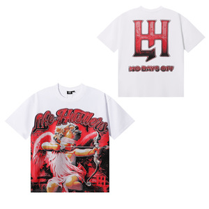 T-shirt unisexe en coton respirant avec imprimé ange masqué tatoué, style américain tendance, transfert thermique et strass - Product Image 6