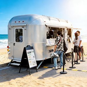 Food Truck Carré en Aluminium Entièrement Équipé avec Porche pour Snacks, Bonbons et Chips - Multifonctionnel et Personnalisable pour Utilisation Extérieure - Product Image 3