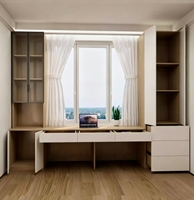 Bureau d'angle moderne sur mesure avec baie vitrée et armoire de rangement intégrée pour salon, chambre ou bureau, avec étagère de rangement