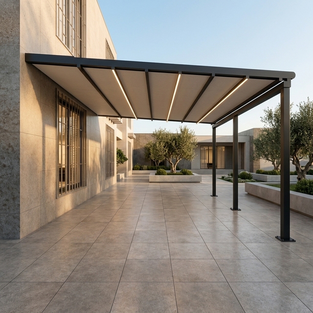 Retractable PVC Roof System with Low Noise Motorized System and Heavy Duty Folding Roof Fabric for Balcony and Rooftop