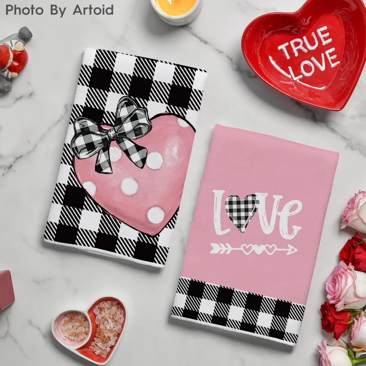 Rosa bufalo Plaid cuore Love Bowknot san valentino microfibra strofinacci da cucina autolavaggio asciugamano per mani Set assorbono strofinacci