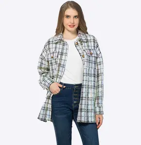 Plus size women's clothing vendor women's clothing vendor sequin plaid overshirt fleece shacket sherpa plaid shirt women jacket