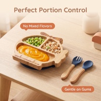 Ensemble complet d'alimentation complémentaire pour bébé : Bavoir en silicone + Assiette divisée en fibre de bambou + Fourchette-cuillère en forme d'hélicoptère anti-rayures