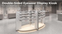 Kiosque d'exposition de lunettes personnalisé double face avec étagères incurvées en acrylique, base LED et miroir d'essayage pour boutique d'optique