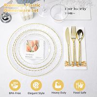 Ensemble de vaisselle en plastique transparent doré de qualité supérieure pour 25 invités, 175 pièces |   Lot de 50 assiettes, 25 couverts, 25 gobelets, 25 serviettes