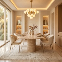 Table à manger en travertin poli YOYO STONE, design moderne minimaliste avec base ondulée distinctive, idéale pour villa et appartement – Offre spéciale