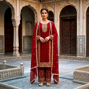 <b>Women</b> Red Gold Embroidered <b>Kurta</b> Palazzo Set with Net Dupatta Traditional Indian Pakistani Salwar Suit - Product Image 1