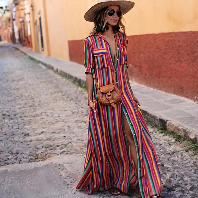 New Design Women Summer Chromatic Stripe Boho Dresses Short Sleeve Color Block Casual Woman Bohemian Maxi Dress