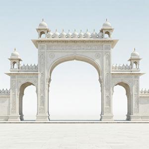 Porte d'arche islamique en marbre blanc sur mesure avec des tours de minaret rétractables et des ornements en pierre détaillés à la main pour l'entrée - Product Image 3