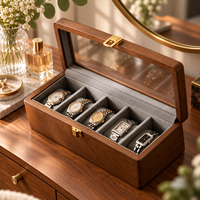Boîte de rangement pour montres en bois massif à 5 emplacements avec intérieur en velours pour la chambre à coucher, la commode ou le comptoir