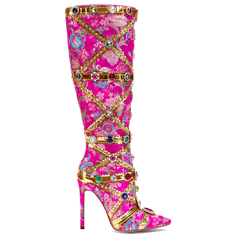 Bunte Diamanten Damen Knie High Print Stiefel Spitze Zehen Metall Dekor Glitter Lange Stiefeletten Bestickte Slip On Stiletto Heels