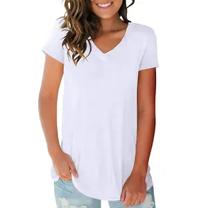 Custom Stylish Summer Short Sleeve White Basic Simple Scoop Neck Loose Fit Cotton Casual T Shirt Tops for Women