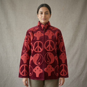 Veste en velours marron pour femme, brodée avec un motif Yin Yang, col mandarin, fermeture ouverte, vêtement d'automne - Product Image 6