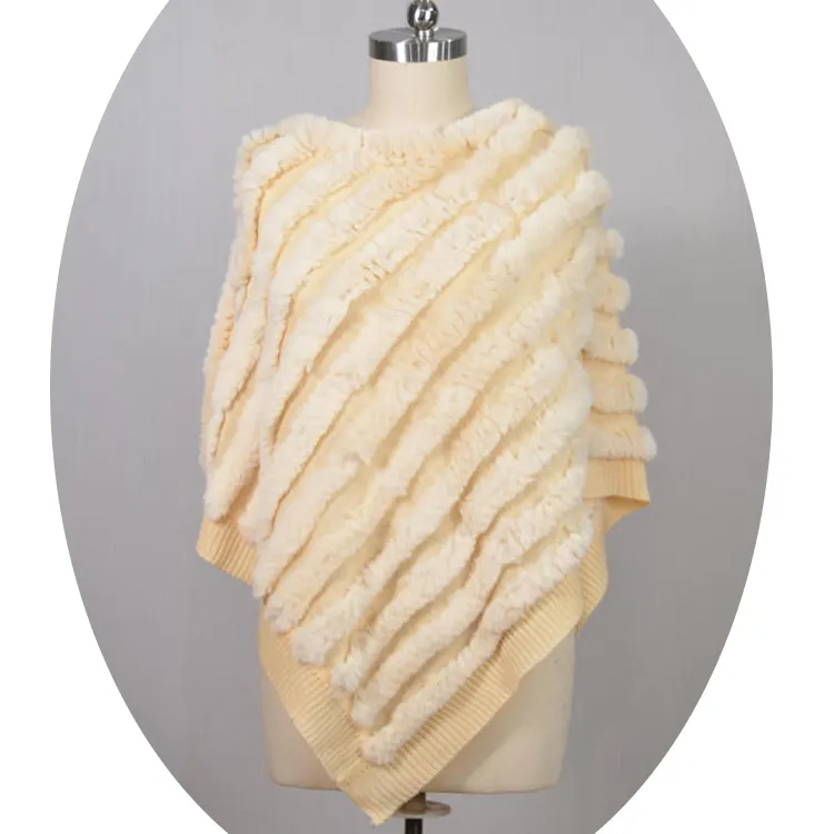Dernier modèle de vêtements pour femmes Poncho en fourrure tricotée acrylique taille personnalisée 100% Châle en fourrure de lapin pour l'hiver