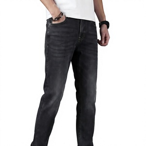 Jean en denim délavé coupe droite slim pour homme, taille mi-haute, en coton, style décontracté, pantalon d'automne noir tissé - Product Image 4
