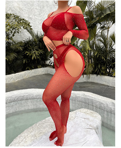 Sexy Fishnet Rhinestone Bodycon Long Sleeve <strong>Top</strong> Open Crotch Pantyhose <strong>Crystal</strong> 2 Piece Suit Diamonds Bodystocking Lingerie - Product Image 5