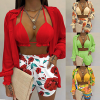Trendy Çiçek Baskılı 3 Parçalı Set Kadın Yazlık Plaj Tatil Kıyafeti Seksi Halter Crop Top Şort Toptan Giyim Gönderime Hazır