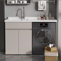 Meuble de buanderie moderne en aluminium alvéolé sur pied pour balcon avec machine à laver intégrée, évier et planche à laver