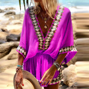Red Deep V Neck Mini <b>Dress</b> With Contrast Binding <b>Elastic</b> Waist Beach Cover Up Women's Swimwear Fashion Style - Product Image 4