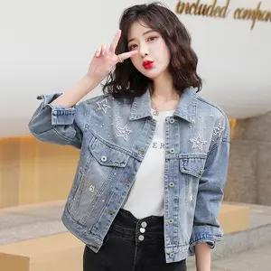 Factory customized button women 3XL outfit jeans coat ladies denim jacket with pearl