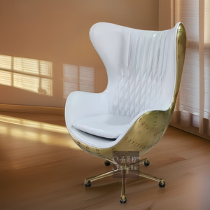 Chaise pivotante moderne en cuir véritable blanc avec dos en métal et laiton pour les loisirs, mobilier pour le salon, la salle à manger et l'hôtel - Product Image 5