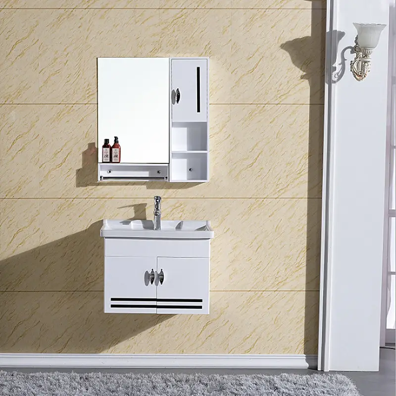 من المصنع مباشرة خزانة حمام بي في سي 60 سم حجم صغير وحديثة وحدة تزيين حمام منقوشة خزانة حمام مع مرآة