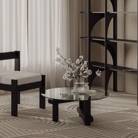 Table basse ronde minimaliste en verre avec base en bois massif pour petit appartement, salon, gain de place, mobilier de maison