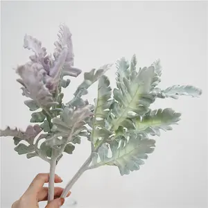 Pianta di mugnaio polveroso floccato artificiale di alta qualità con foglia d'argento floccata verde crisantemo