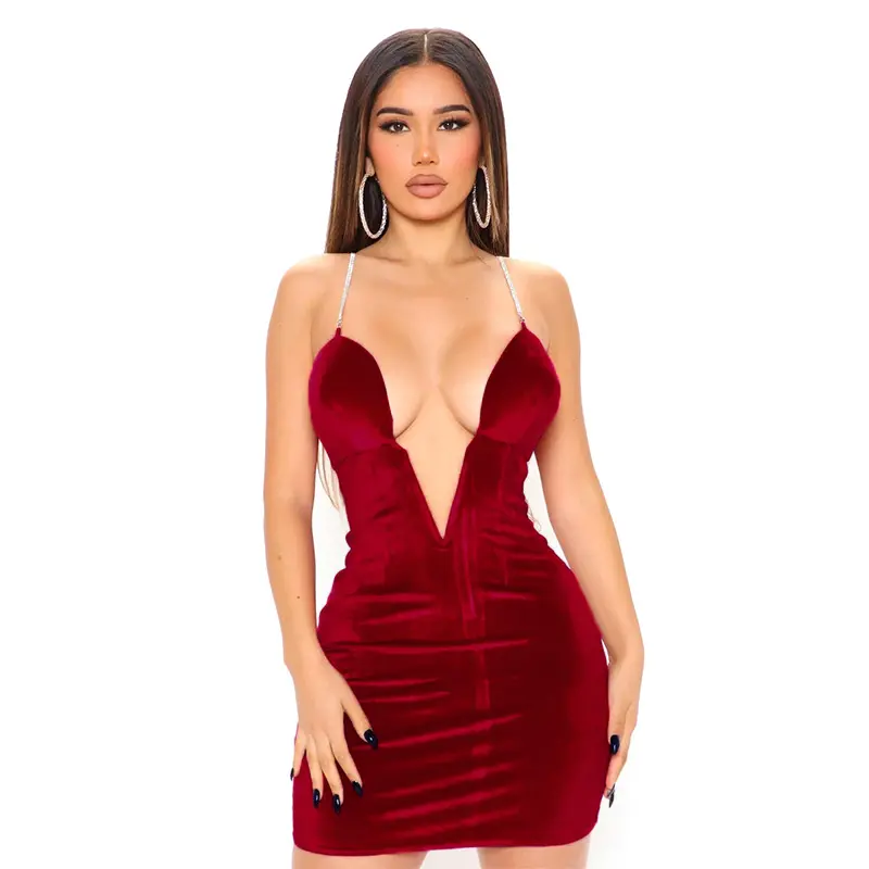 Lagerfe Diamond Strap V Neck Velvet Club Mini Dress Women Sleeveless Sexy Bodycon Party Apparel 2022 Trendy Lady Casual Clothes