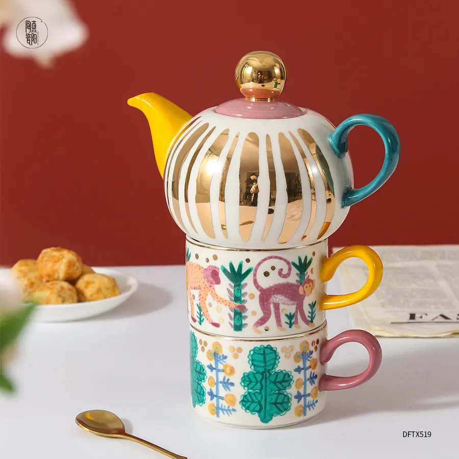 gold vintage tea pot luxury china teapot sets custom ceramic flower teapot for one