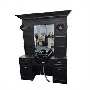 Station de lavage des cheveux de style antique noire <span class=keywords><strong>pour</strong></span> salon de coiffure avec évier et armoire miroir - Product Image 3