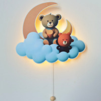 Applique Murale en Bois « Ours sur Nuage » avec Lumière LED, Décoration Murale de Crèche, Veilleuse d'Endormissement pour Bébé, Fonctionne avec Piles AA, Cordon d'Activation pour Chambre d'Enfant